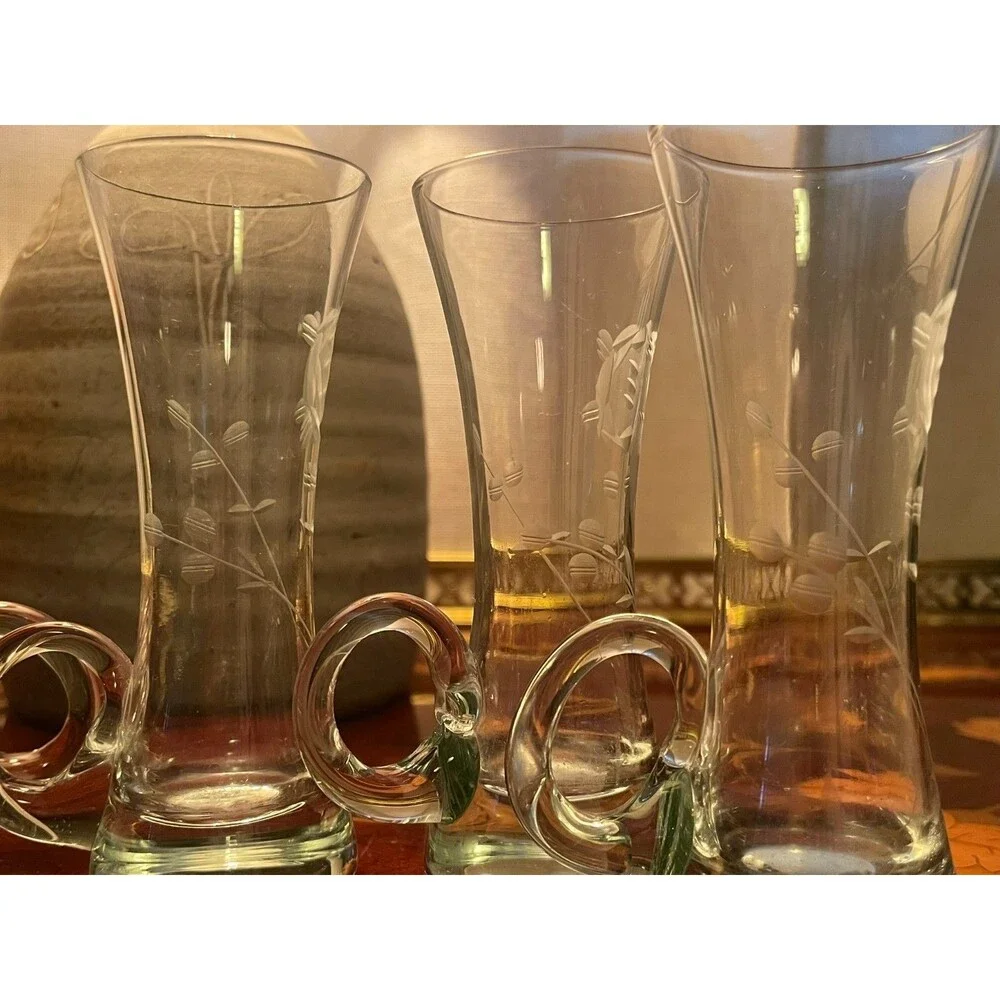 Set of 4 Vtg Mundgeblasen Kristallglas Etched Cordial Shot Glasses w/ Handles 4.